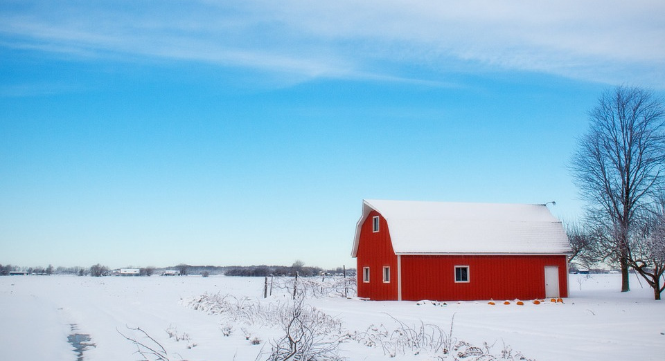 Red barn, snow covered ground