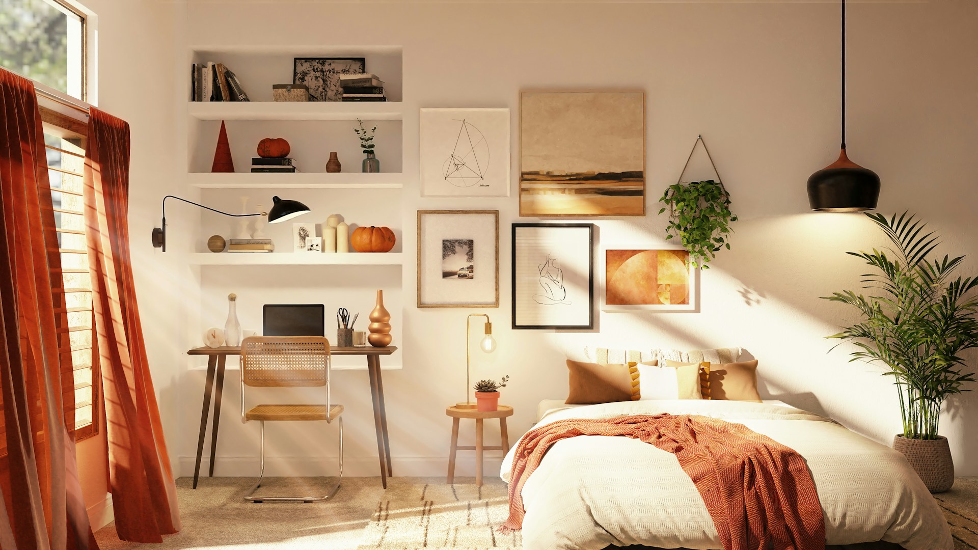 Studio apartment, desk, bed, art on walls and shelves