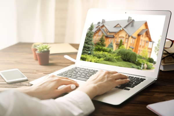 person looking at a house on a laptop