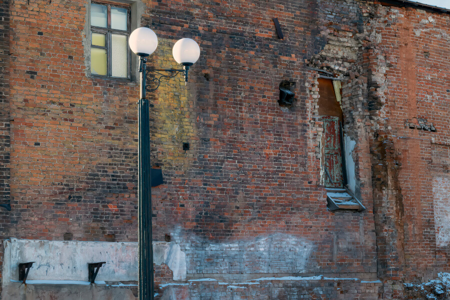 Brick building, street light