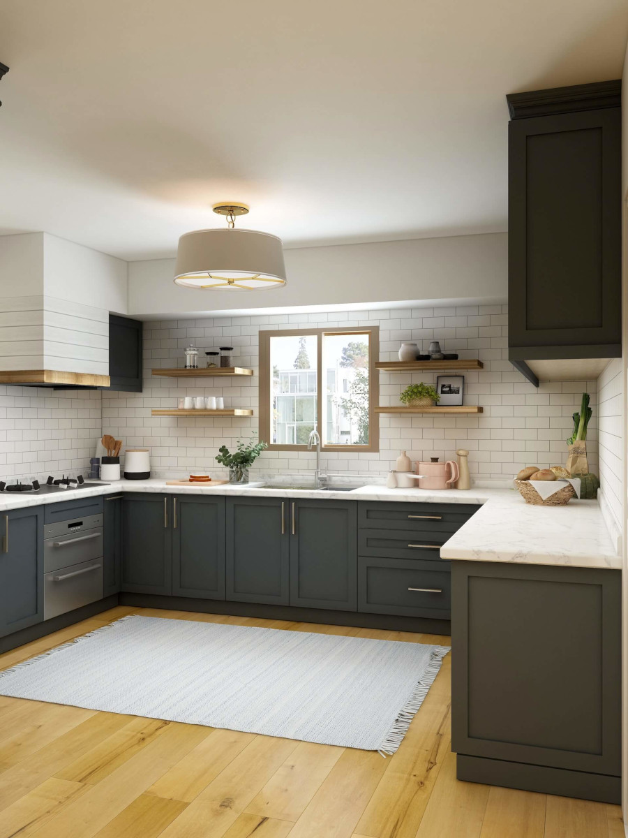 dark kitchen cabinets with white tile backsplash, hardwood floors, rug