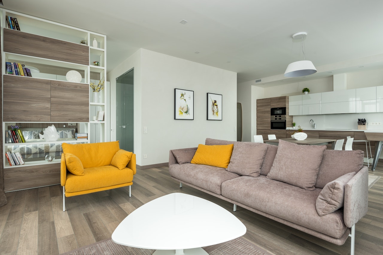 livingroom, kitchen, sofa, table, yellow chair