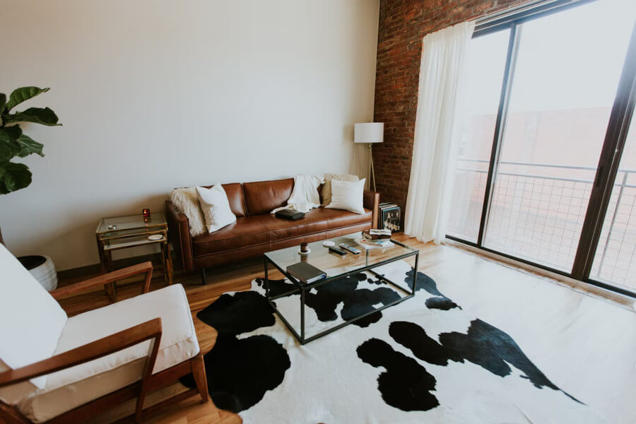 livingroom with cowhide rug