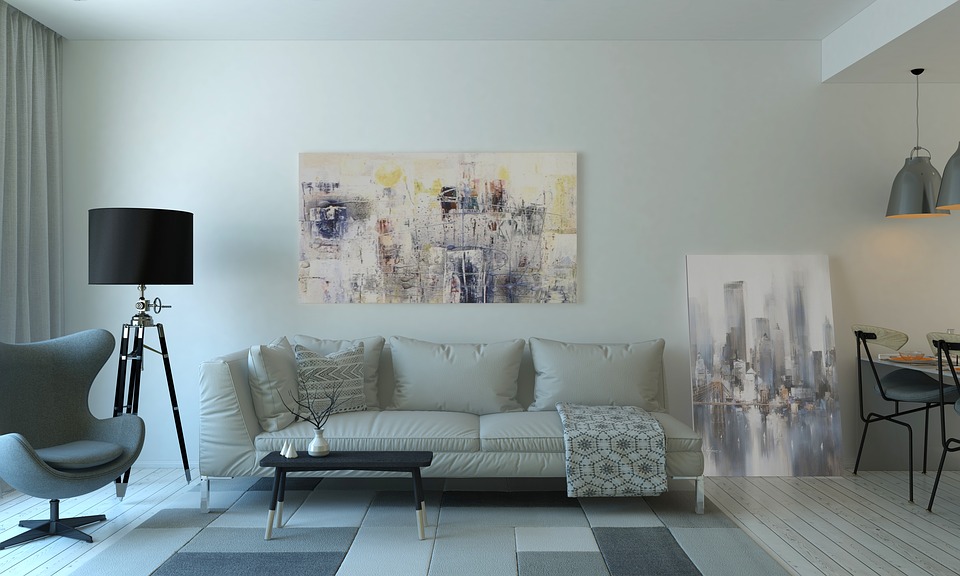 Modern livingroom, art on ceiling and floor