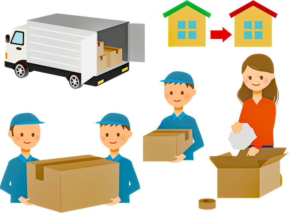 Illustratin of people carrying boxes, packing into a cardboard box, movingtruck, house arrow house