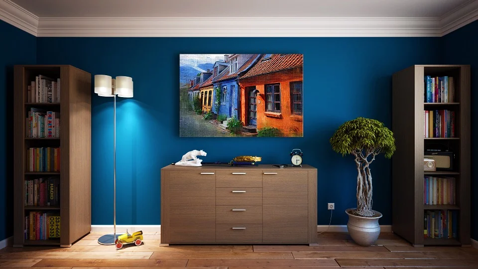 Blue wall, modern furniture