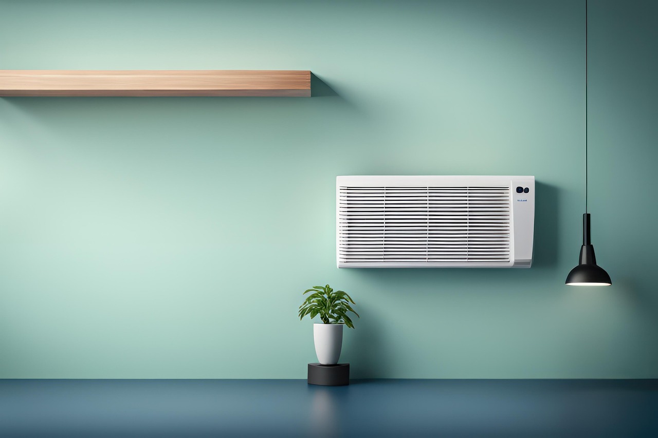 Modern wall-mounted air conditioner unit illustration showing ductless mini-split installation. Image via Pixabay