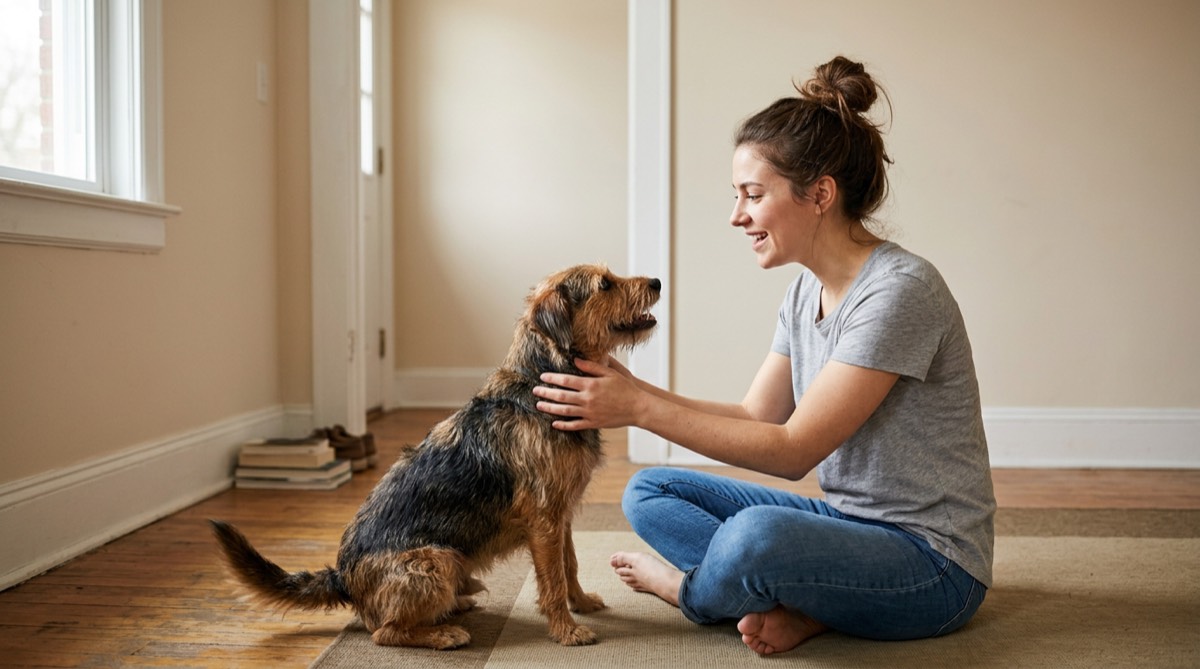A young woman greeting her newly adopted dog on her apartment living room floor