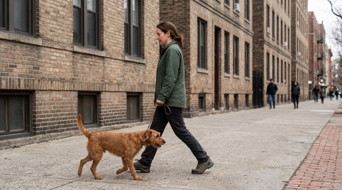 A dog walker walking a dog along a city sidewalk lined with brick apartment buildings