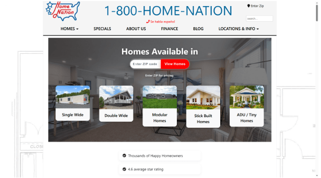The dealer's website displays a ZIP-code home search and cards for single-wide, double-wide, modular, and stick-built homes.