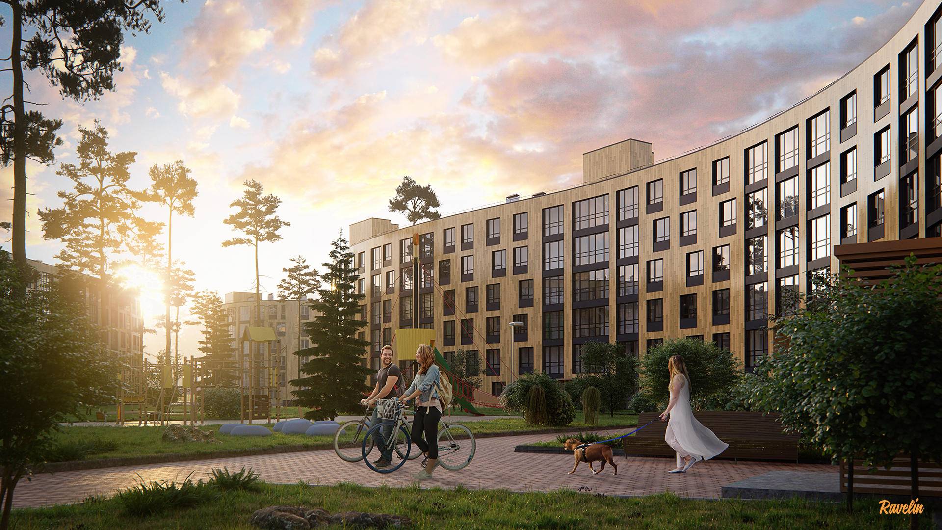 3D rendering of a modern apartment building used for real estate marketing before construction is complete. Image by Revelin3d.com