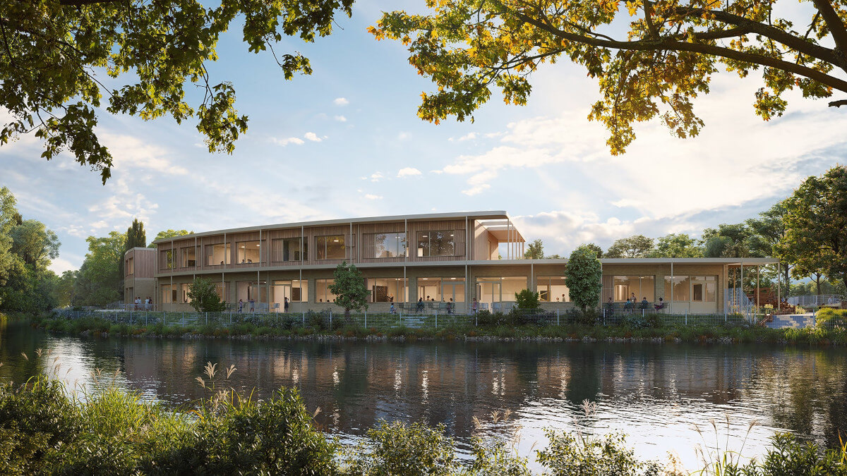 3D rendering of a building by a river used for real estate marketing before construction is complete. Image by Revelin3d.com