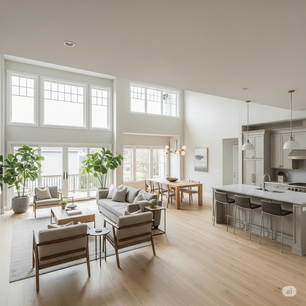 High ceilings, natural lights from window, livingroom, diningroom, kitchen. Image by Gemini