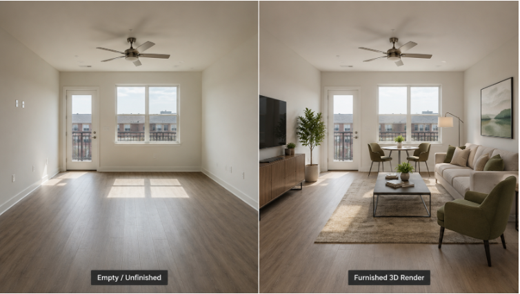 3D rendering of a modern apartment living room and kitchen used in a rental listing