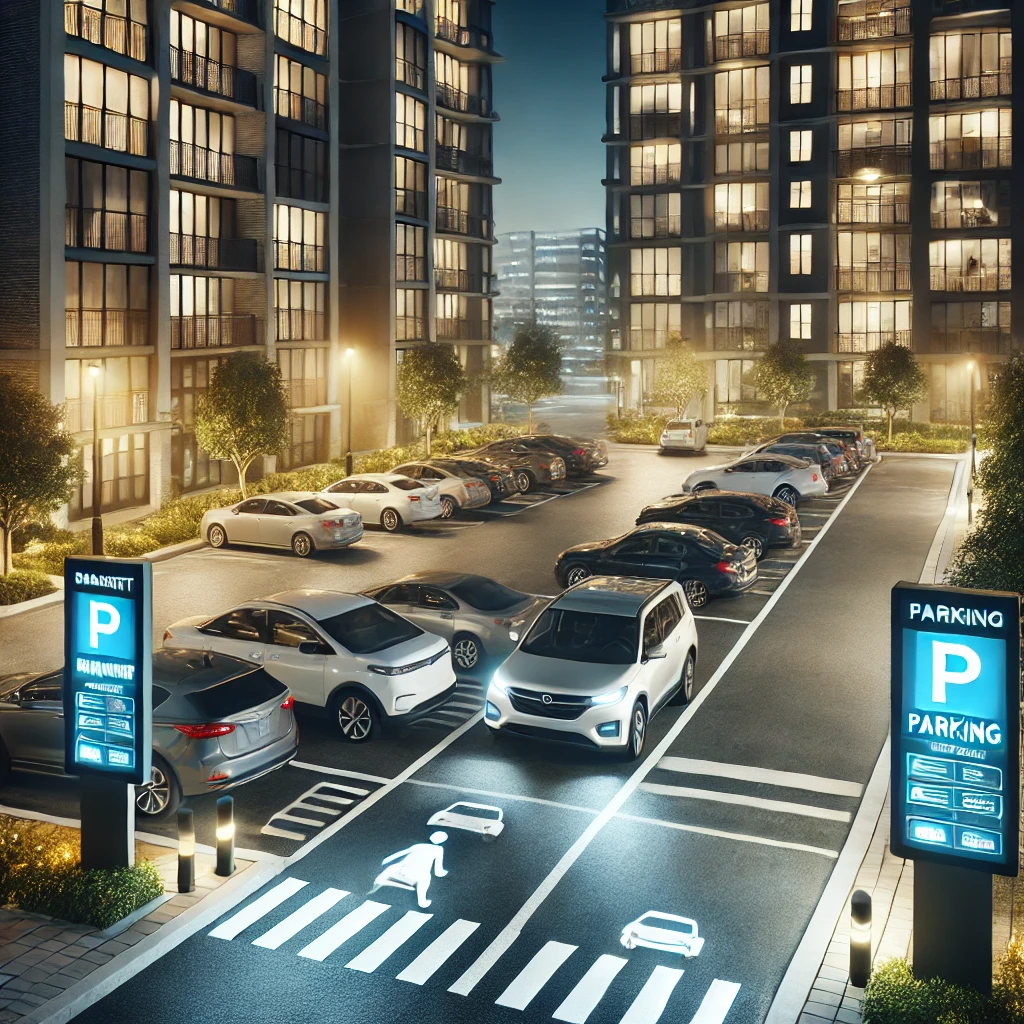 A well-lit apartment complex parking lot at night, featuring clear pedestrian walkways, visible signage, and parked cars arranged neatly. Image by ChatGPT