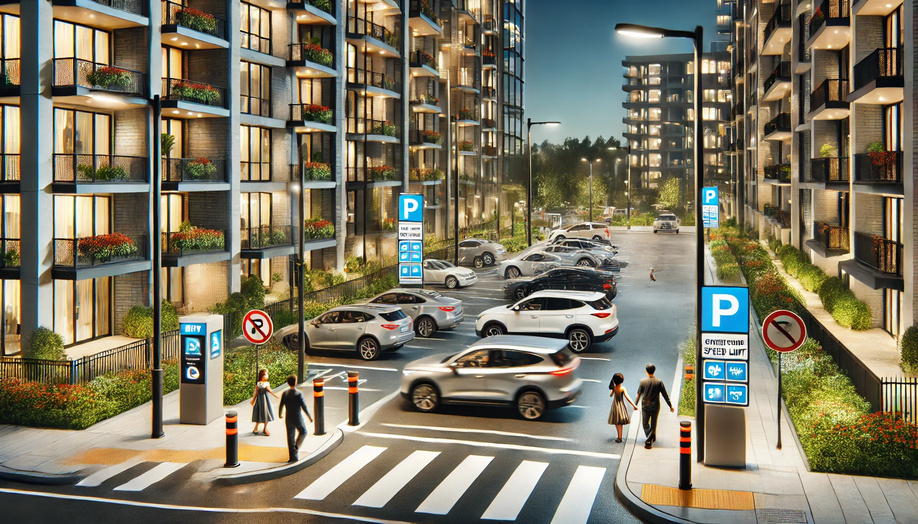 A well-lit apartment complex parking lot at night, featuring clear pedestrian walkways, visible signage, and parked cars arranged neatly. Image by ChatGPT