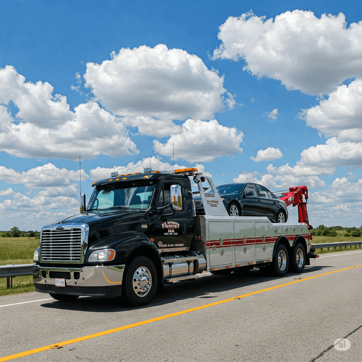 Car on a flatbed towing truck. Image by Gemini