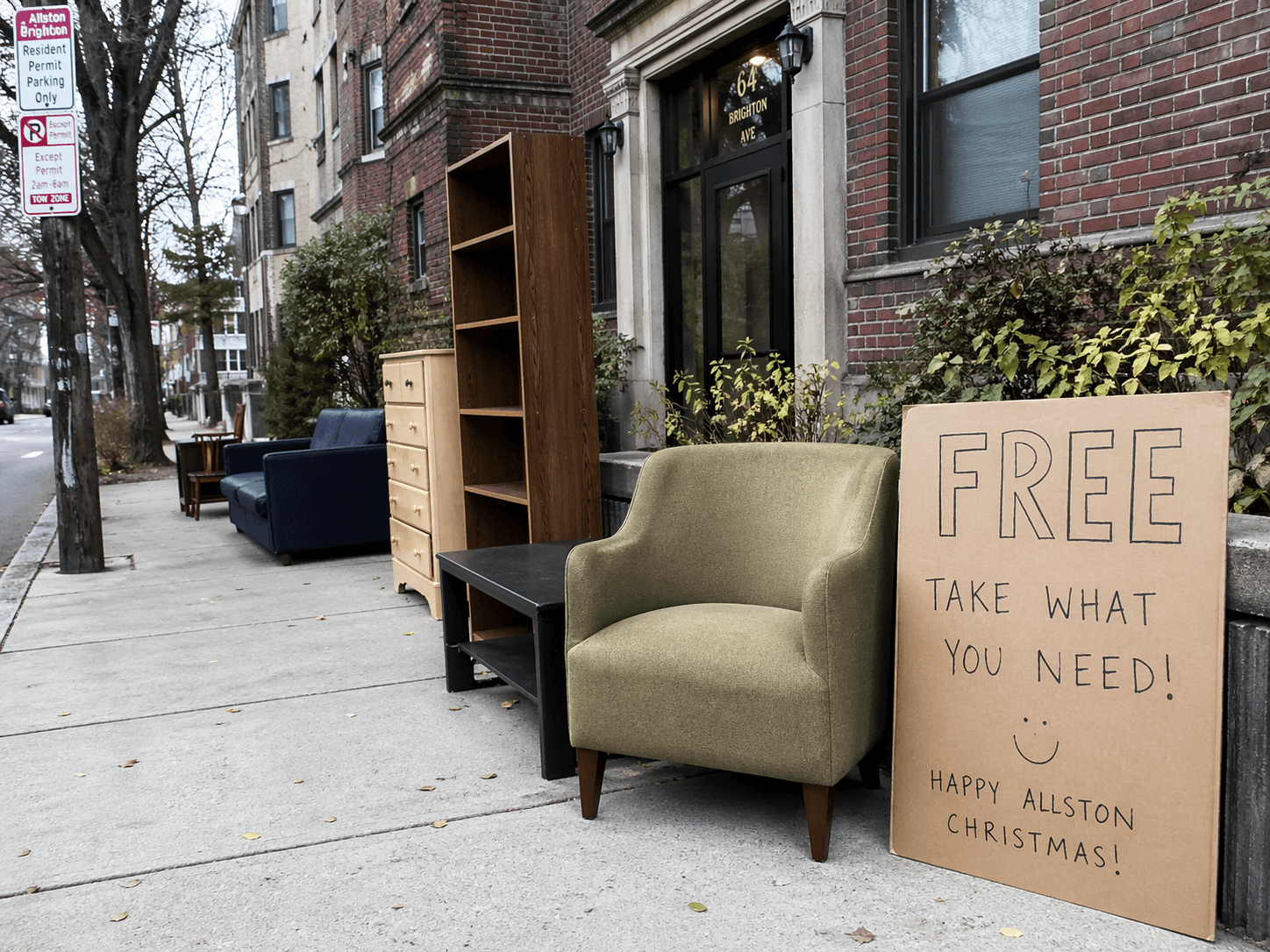 Free Furniture on curb, happy Allston Christmas. Image by ai