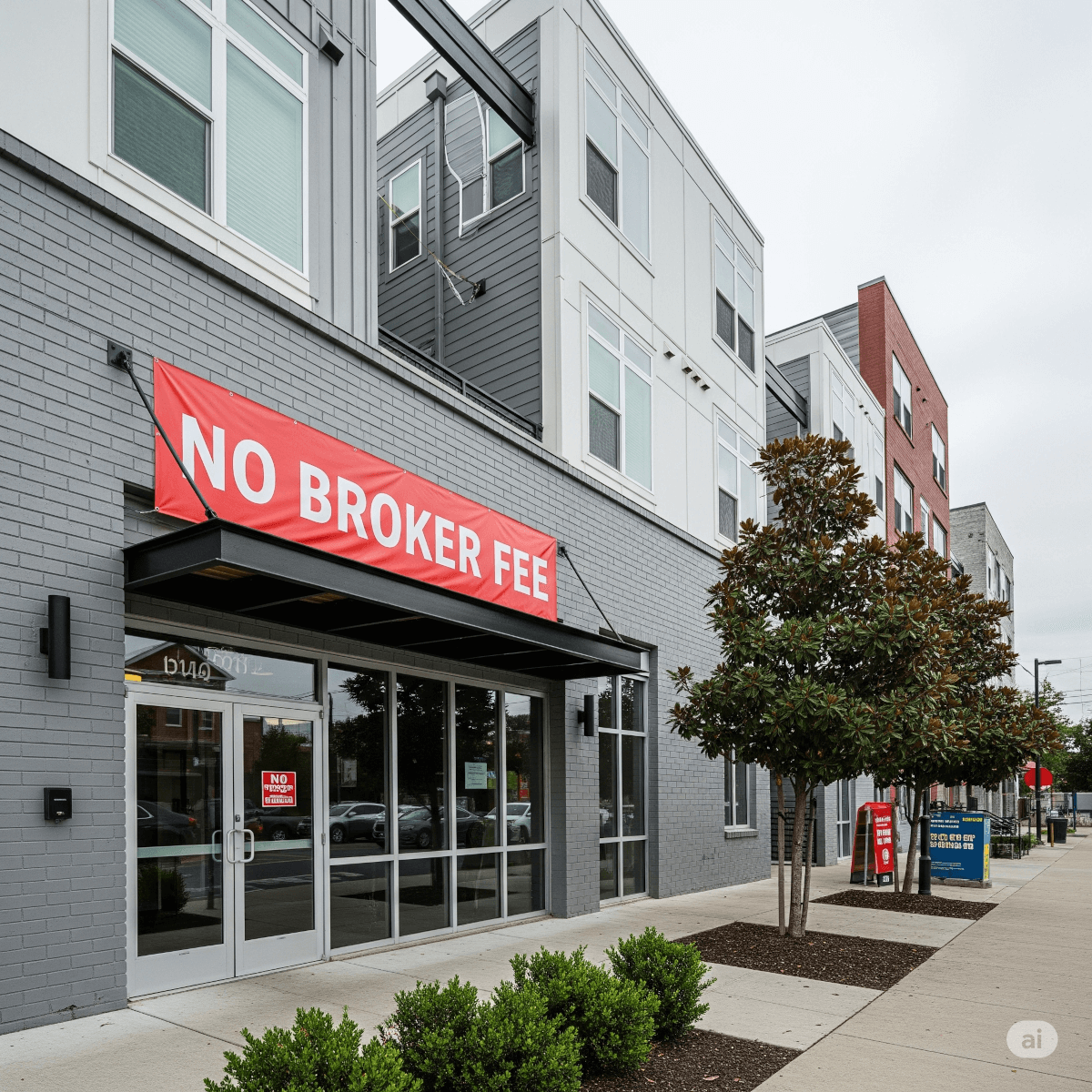 No Fee Apartments banner on a building. Image by Gemini