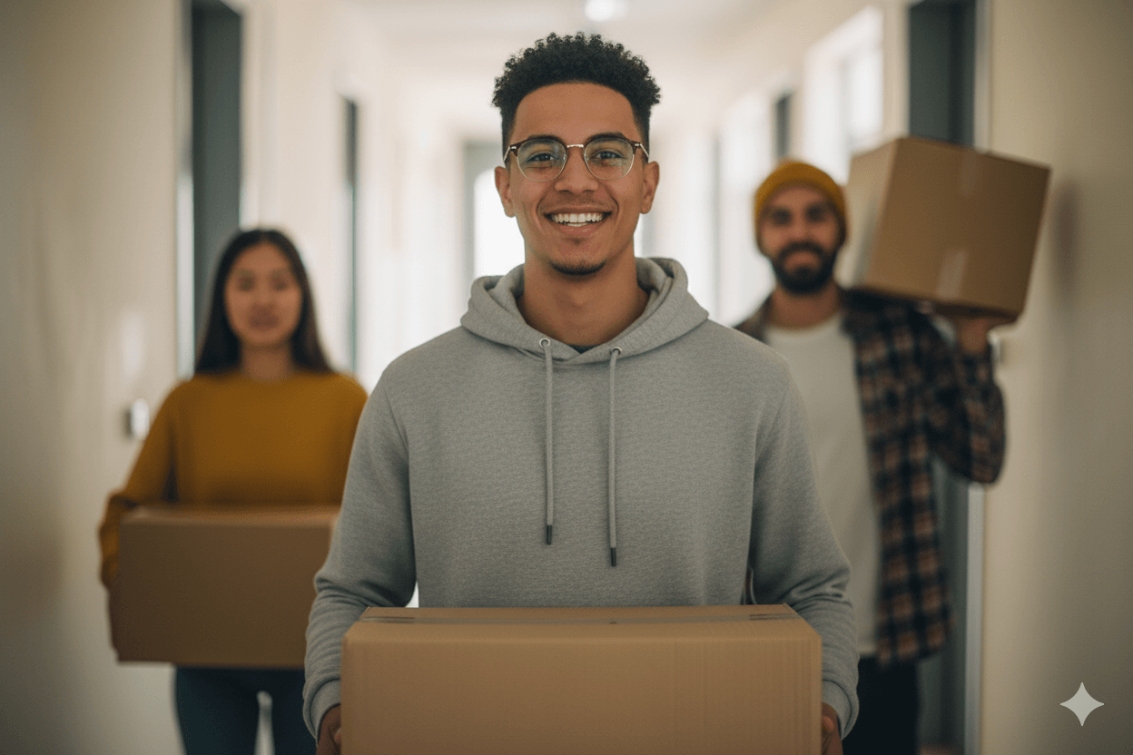 People in a dorm carrying boxes. Image by Gemini