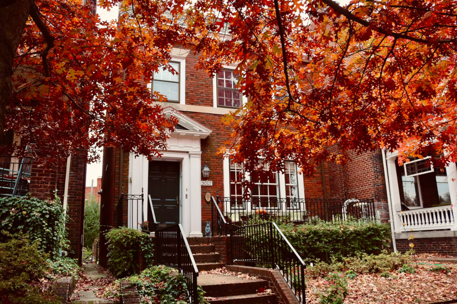 Brick house, with trees in the fall