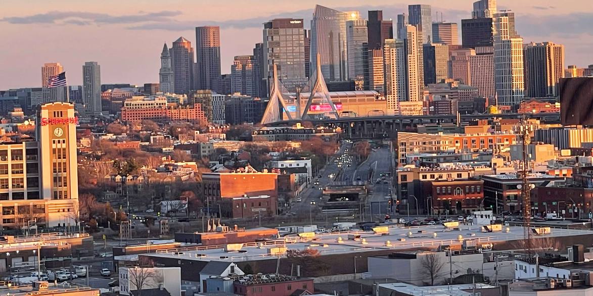 Downtown Boston skyline and the Zakim Bridge at sunset
