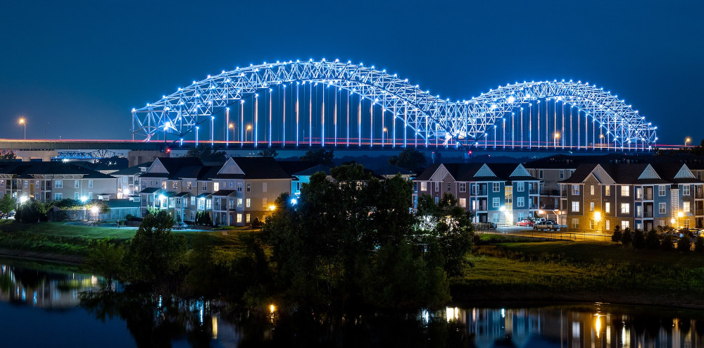 Bridge lit up at night