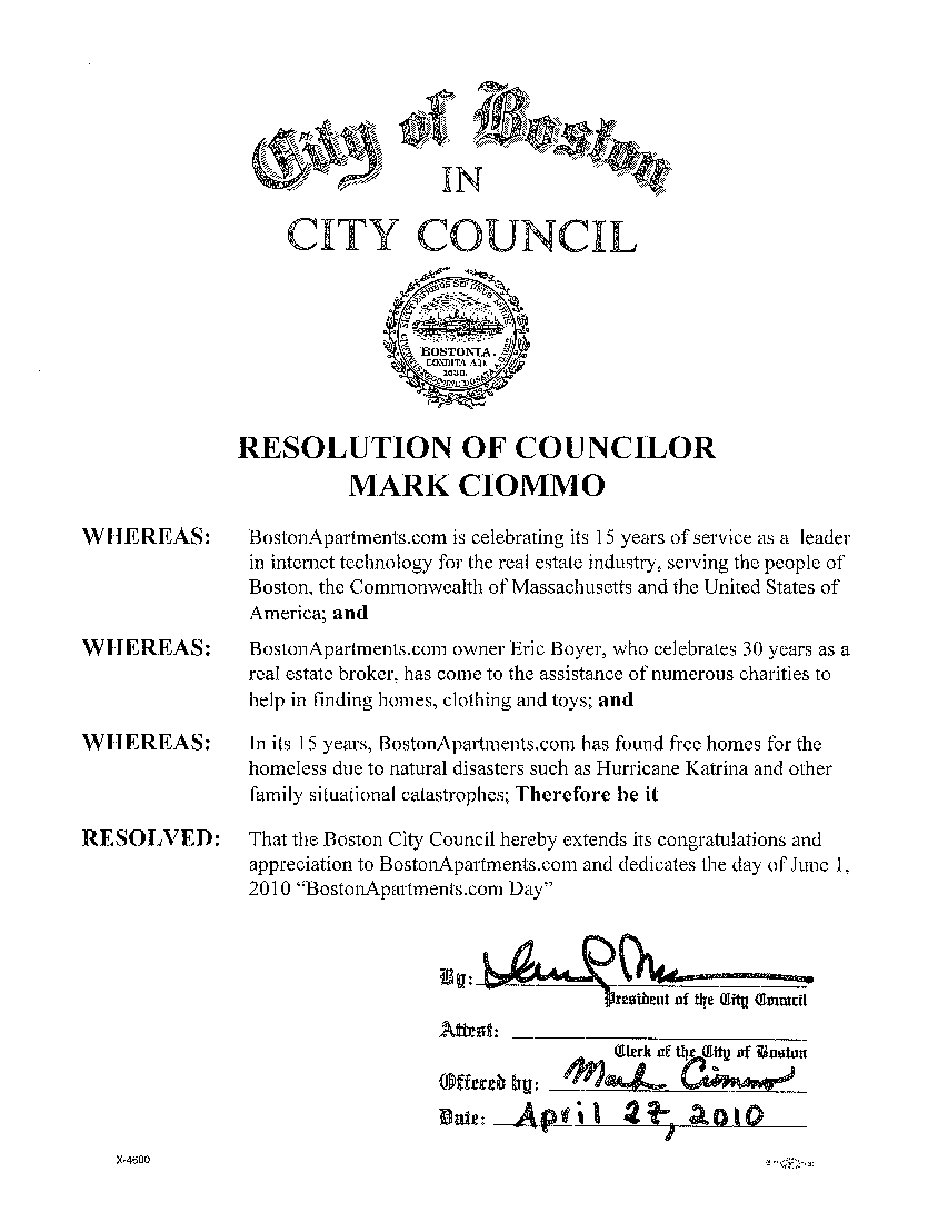 City of Boston resolution declaring June 1 BostonApartments.com Day