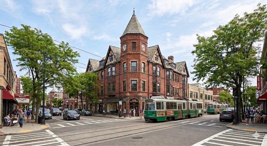 Green Line trolley at Coolidge Corner in Brookline, Massachusetts
