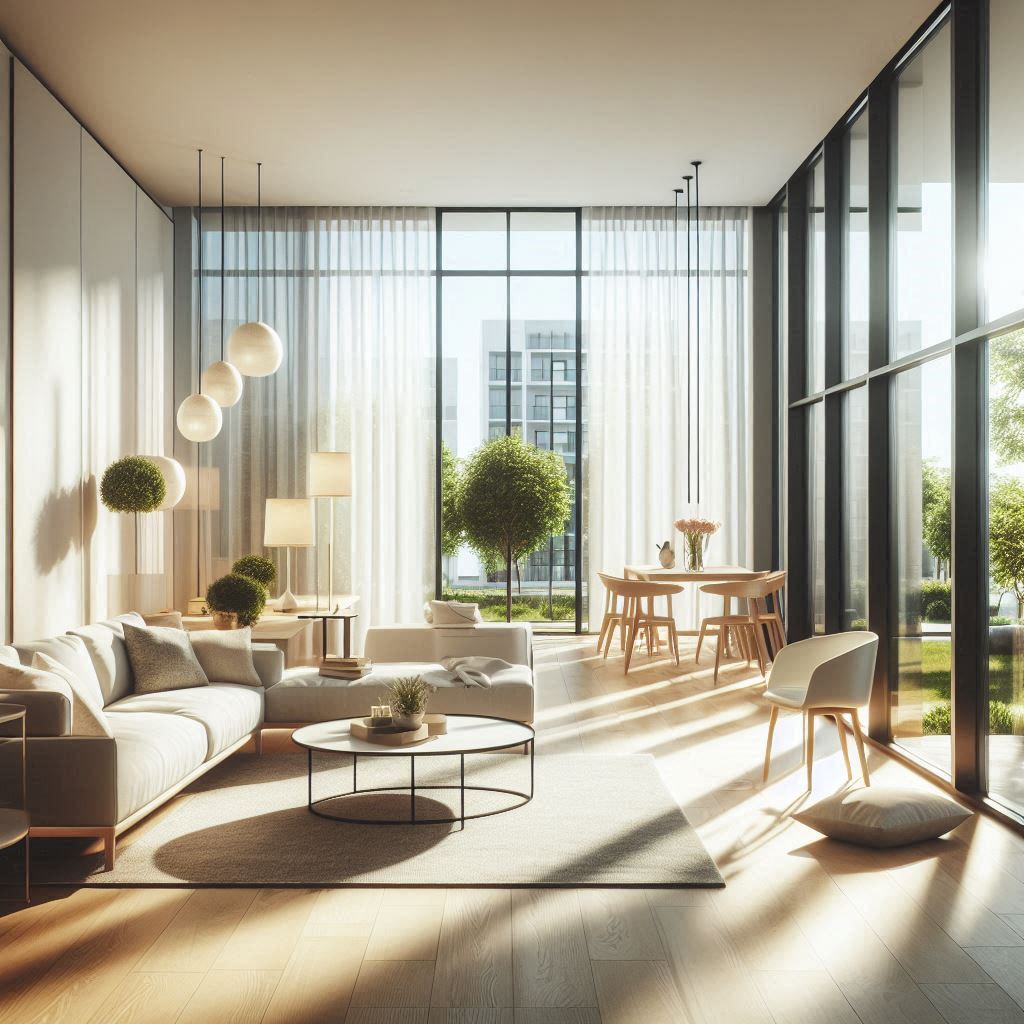 Bright, sunlit modern apartment interior with large windows. Minimalist furniture arranged stylishly. Cozy ambiance with natural light casting soft shadows on a sleek hardwood floor. Designed to appeal in a real estate listing photo. Image by Microsoft Designer