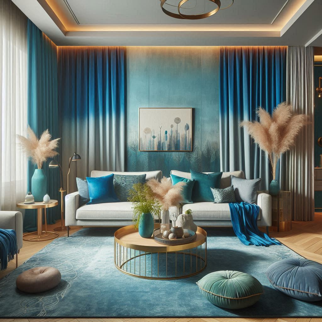 Interior of a stylish apartment living room, featuring vibrant drapes and an accent wall painted in calming blues. Decor elements like cushions and vases complement the color scheme, creating an inviting and emotionally resonant space for potential renters. Image by Microsoft Designer