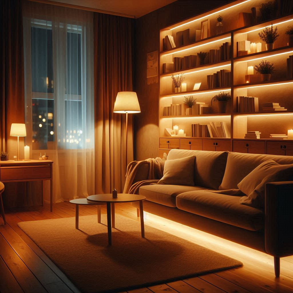 Cozy apartment living room softly illuminated by ambient lighting. Warm LED strips under shelves and behind furniture, creating a welcoming glow. Soft shadows enhance the room's textures, offering an inviting and tranquil setting. Image by Microsoft Designer.