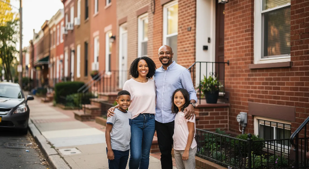 Family in front of a house