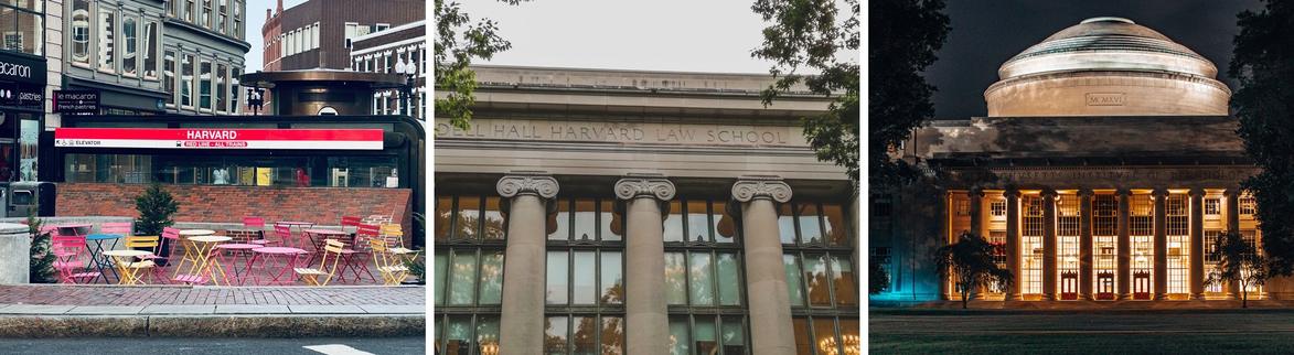 Harvard Square Red Line station, Harvard Law School and the MIT dome in Cambridge, Massachusetts