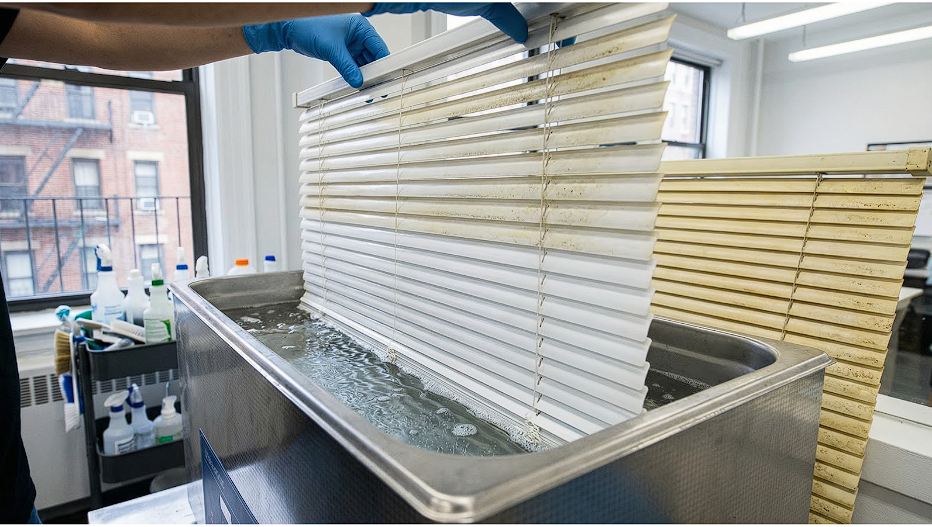 Professionals cleaning blinds