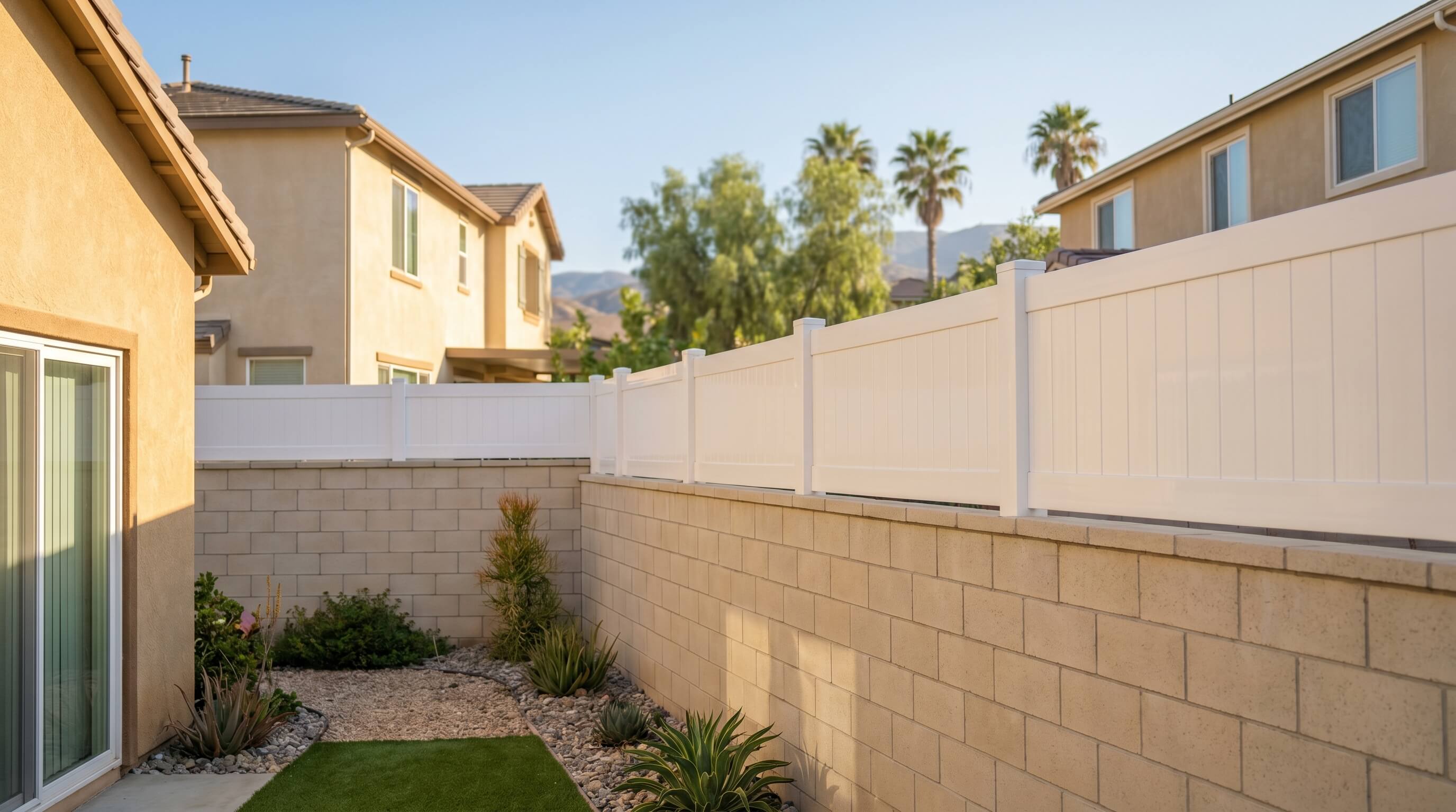 Vinyl fence topper installed on a block wall in a Woodland Hills California backyard adding privacy and clean finish