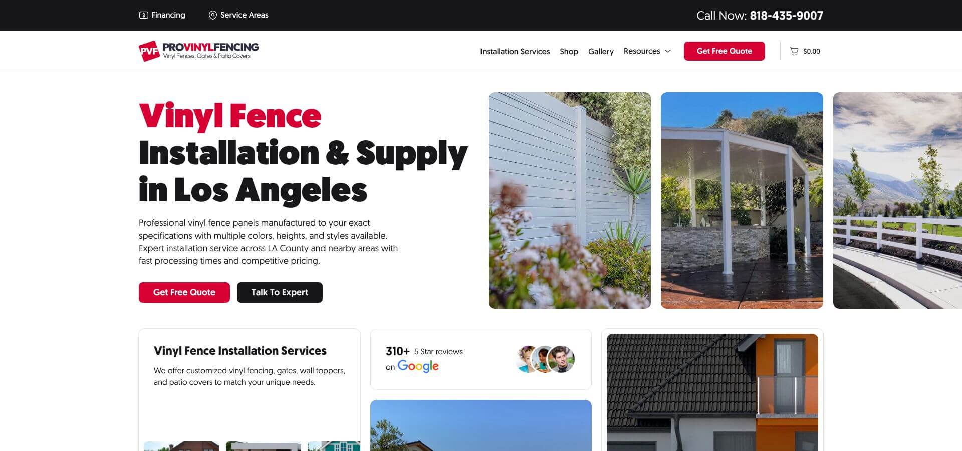 GNG Vinyl Fencing and Patio Covers website screenshot emphasizing financing options