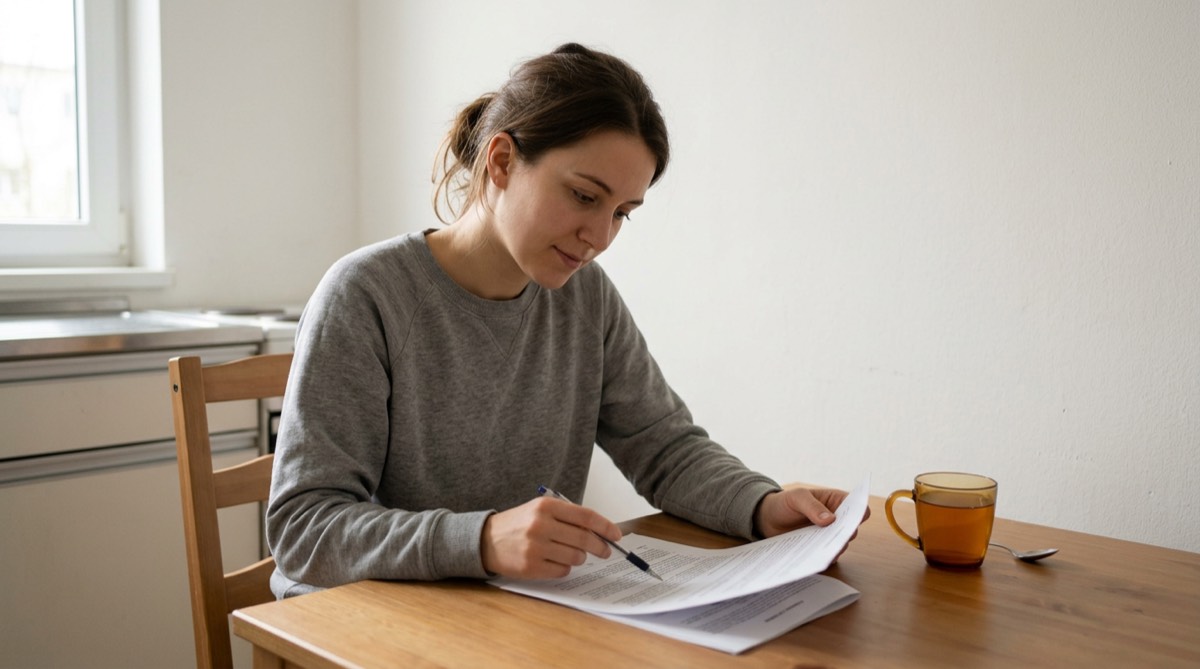 A renter reading through a printed lease at a kitchen table