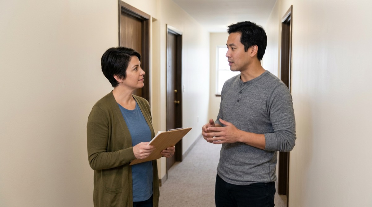 A renter talking with a property manager holding a clipboard in an apartment hallway
