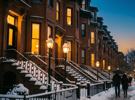 Row of Boston brownstones in winter with snow on the stoops and warm light glowing behind old double-hung windows.