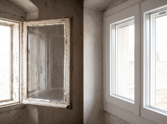 Close-up of a worn single-pane wooden window with peeling paint beside a new double-pane vinyl unit installed in the same wall.