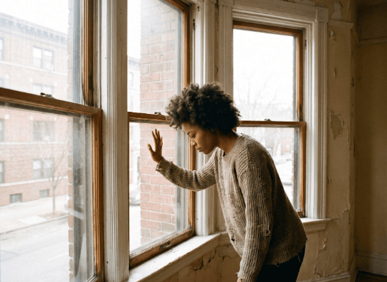 Renter standing at a bay window in an empty Boston apartment, running a hand along the frame to feel for drafts