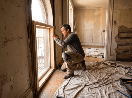 Empty Boston apartment mid-renovation with a contractor installing a new window frame while drop cloths cover the floor.