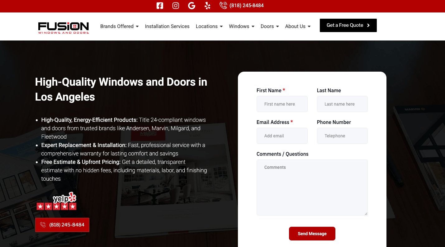 Screenshot of Fusion Windows website