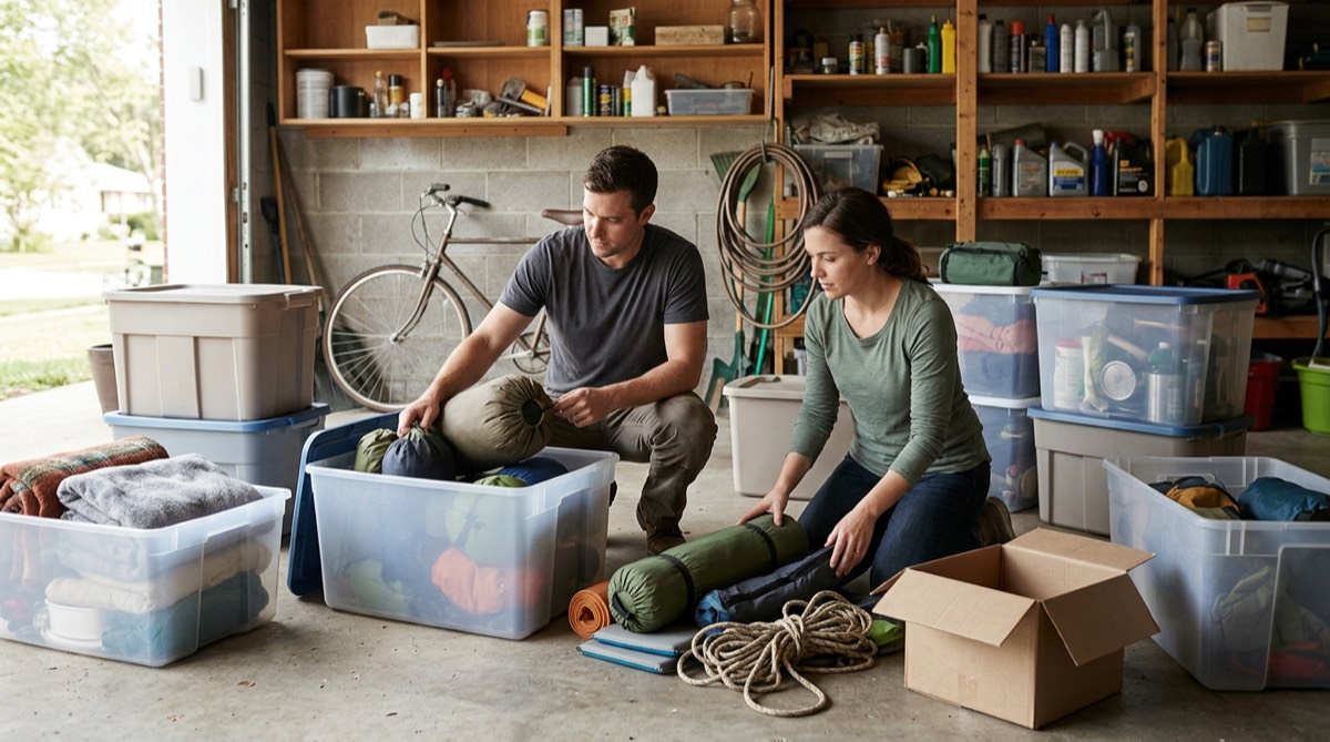 A couple sorting storage bins and camping gear on a garage floor