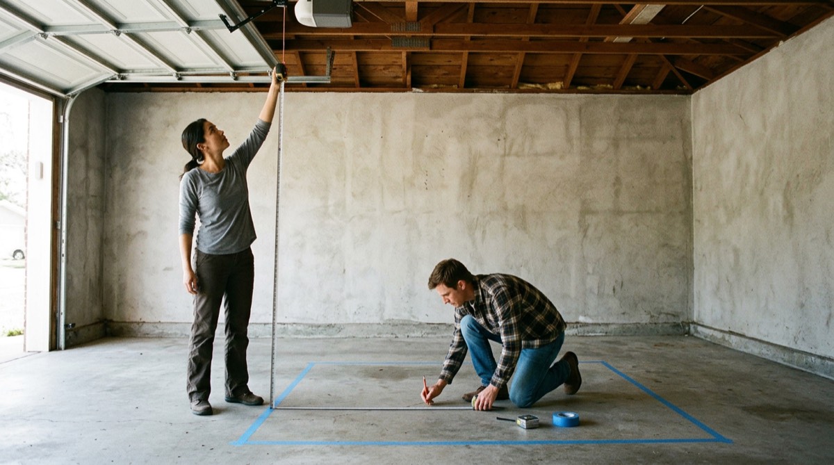 A couple measuring garage ceiling height and taping a landing area on the floor