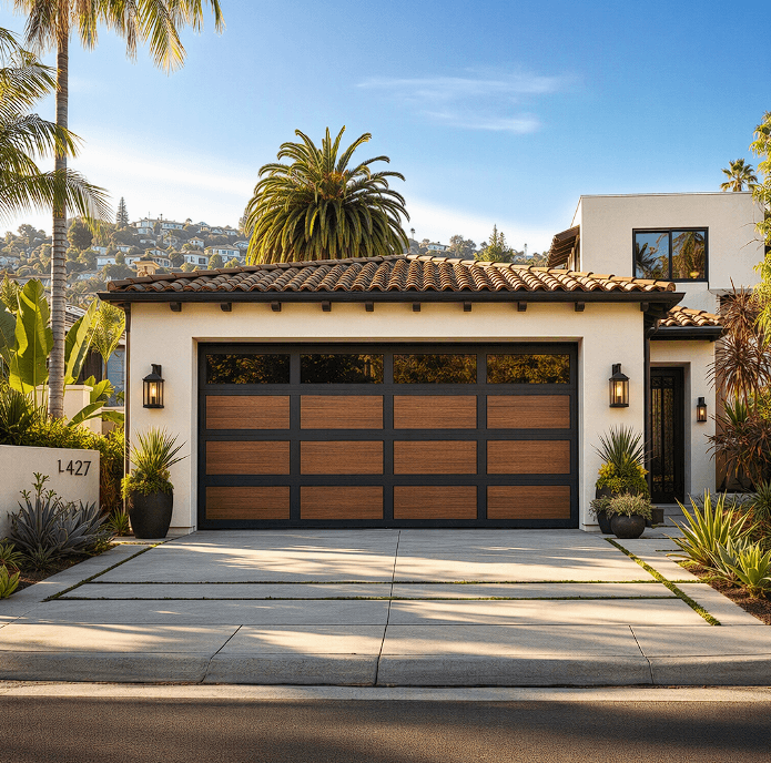 New garage door matching a freshly renovated home exterior