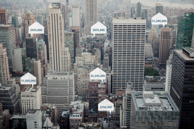 Arial view of city with various prices.