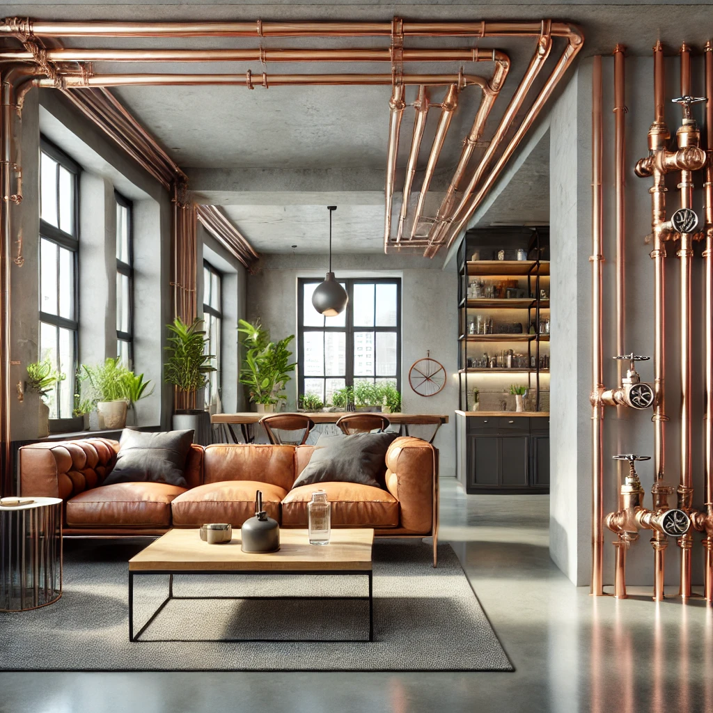 A stylish modern apartment interior featuring exposed copper plumbing with valves on the pipes, but no plumbing elements or valves on the floor. Image by ChatGpt