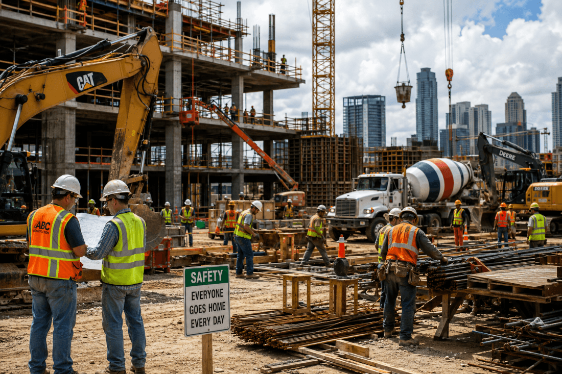 Active construction site with multiple contractors and heavy equipment